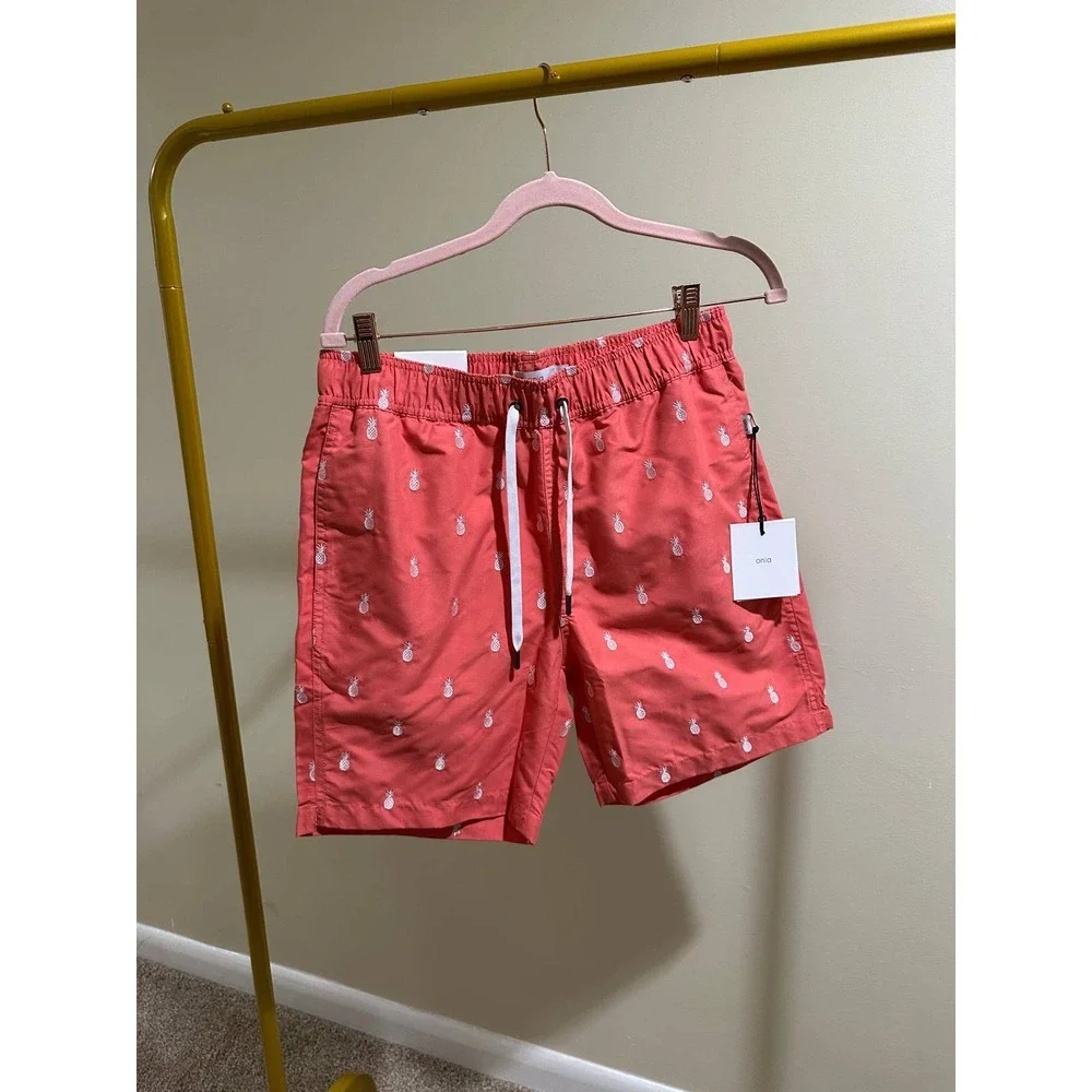 Onia Charles 7 Mens Swim Trunks‎ Bright Coral Pineapple Embroidery MSB08-37 S